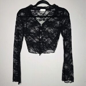 Black Sheer Lace Button Crop Top Small Fairycore Y2K Romantic Whimsigoth Grunge